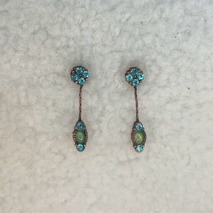 Turquoise Crystal Drop Earrings • Vintage Boho Dangle • Pierced Ears